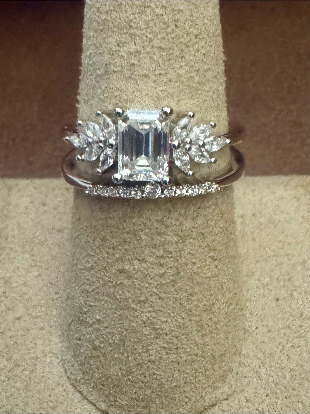 Moissanite Emerald-Cut Crystal Engagement Ring Set in Silver-Tone
